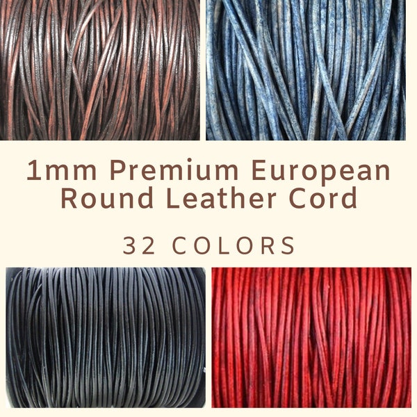 1mm Round Leather Cord - 32 Colors - Premium European 1mm Leather Cord - LCR1-100