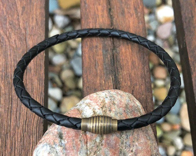 Thin Black Braided Leather Bracelet With Brass Magnetic Clasp For Men and Women,  CS-12