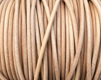 3mm Round Leather Cord - 3mm Natural - Premium Leather Cord - By The Yard - LCR3 - 3mm Natural #20