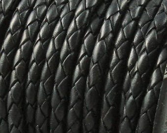 4mm Black Bolo Braided Leather Cord Premium German Quality Smooth and Flexible All Leather By The Yard  LCBR - 4  #A Premium Black