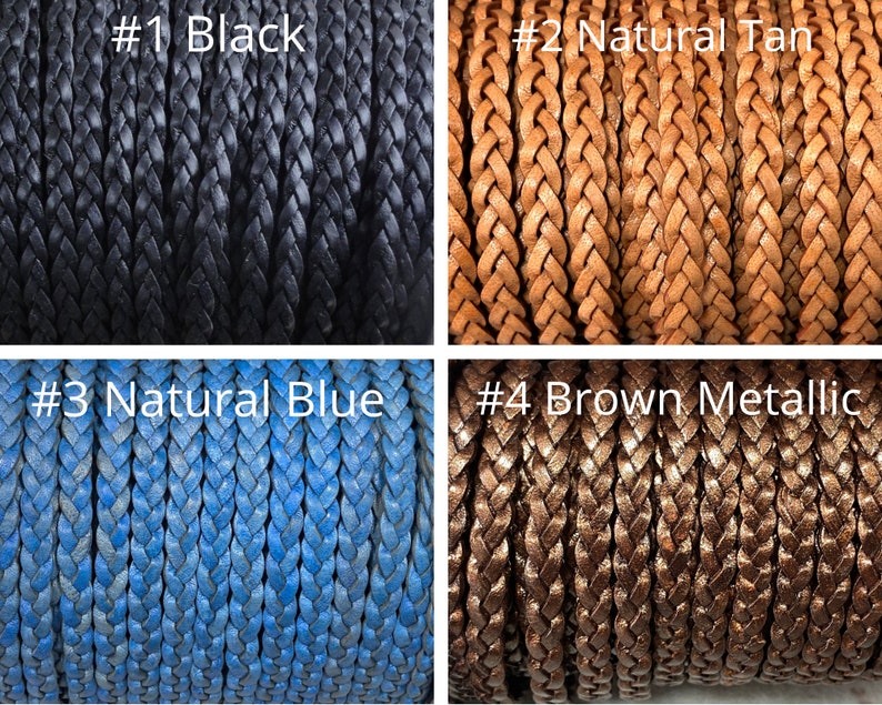 K&ouml;nnte beinhalten: Nahaufnahme von vier Spulen geflochtener Kordel in verschiedenen Farben: Schwarz, Natur-Tan, Natur-Blau und Braun Metallic. Jede Spule ist mit einer Nummer und einem Farbnamen versehen.
