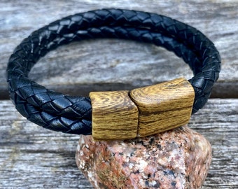 Mens Leather Bracelet With a Wood Color Slide Clasp, Double Strand Bracelet, Boyfriend Gift, Gift For Him,  , CS-107