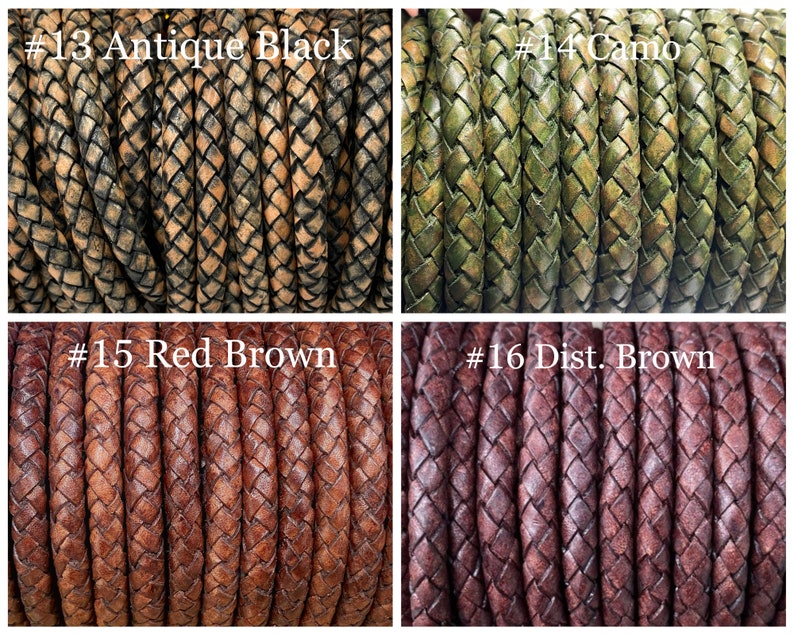 6mm Bolo Braided Leather Cord 16 Colors By The Yard Distressed Natural 6mm Round Braided Leather Cord image 5