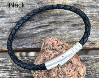 Thin Braided Men's Leather Bracelet With Stainless Steel Locking Clasp Available In Four Colors CS-19