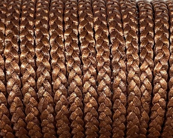 5mm Flat Braided Leather Cord By The Yard 5mm, Copper Metallic