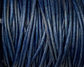 1.5mm Distressed Blue Brown Round Leather Cord, Premium European Leather 1.5mm Round Leather Cord, 1.5mm Distressed Blue Brown #88P