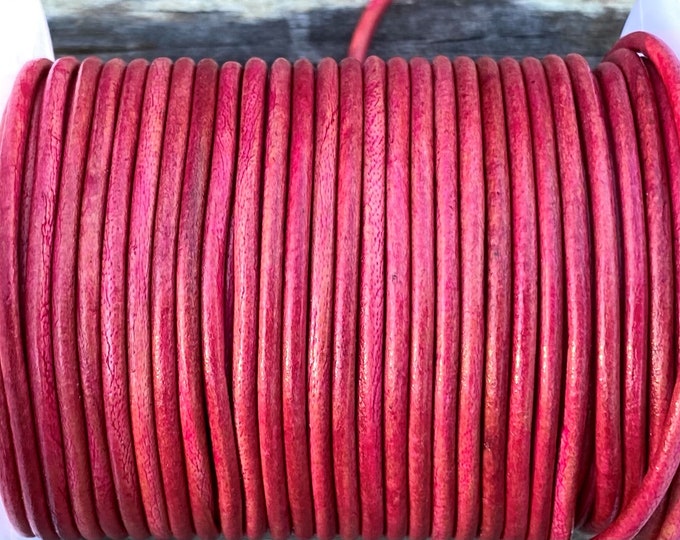 2mm Round Leather Cord, Pink Fuchsia, By The Yard Genuine Indian Leather  - LCR2 - Pink Fuchsia #40