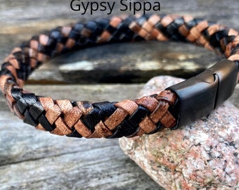 Mens Leather Bracelet, Flat Braided Leather Bracelet,  Mens Jewelry, Mens Gift, Women's Bracelet Gift Under 20 CS-101 Black