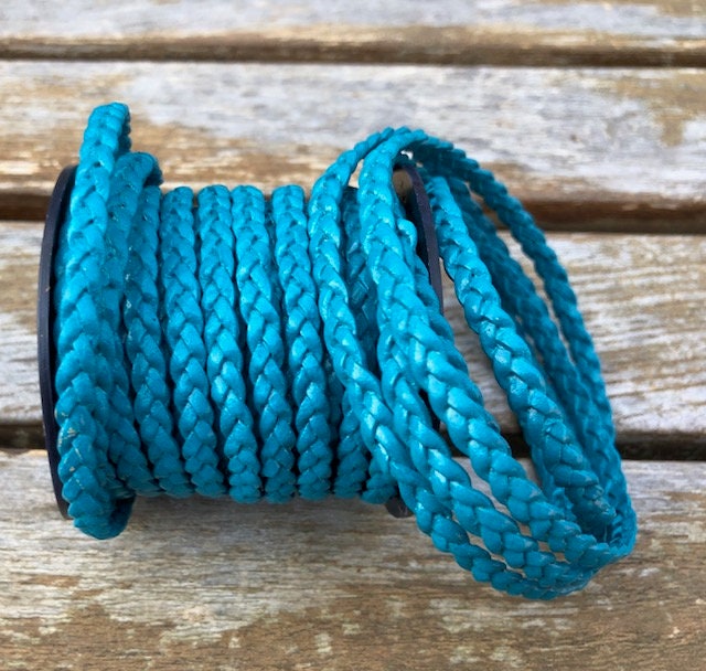 LCF5-7 5mm Flat Braided Leather Cord One Yard Cerulean Free Shipping