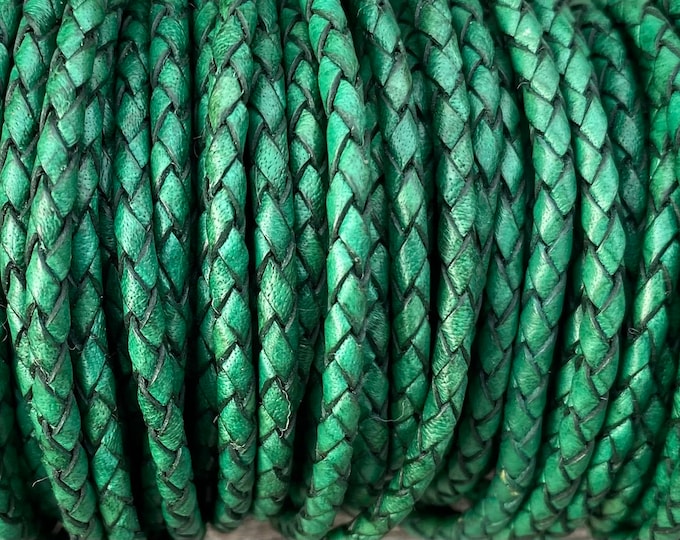 3mm Braided Leather - Green - Bolo Braided Leather Cord  By The Yard - LCBR - 3  Green #7