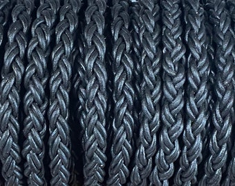 SPECIAL PRICE, 8mm Round Braided Leather Cord - Shiny Black - 8 Strand Braided Cord - 8 Ply By The Foot LCBR - 1 Shine Black