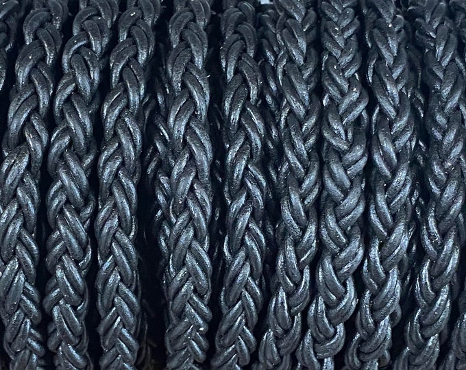 8mm Round Braided Leather Cord - Shiny Black - 8 Strand Braided Cord - 8 Ply By The Foot LCBR - 1 Shine Black