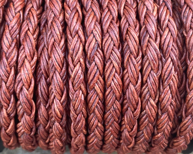 5mm Natural Red Brown Braided Bolo Leather Cord  - By The Foot - 12 Strand Braided Cord LCBR5 12 Ply Natural Red Brown