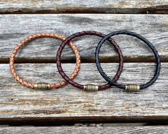 Women's Leather Bracelet, Mens Leather Bracelet, Bracelet With Brass Magnetic Clasp, Thin Braided Leather Bracelet Gifts under 20 CS19