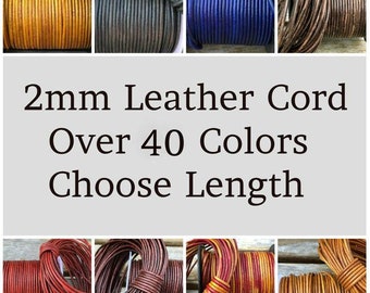 2mm Leather Cord - Lead Free Round Natural Regular Metallic Distressed Leather by the Yard - Pick Color and Length - 2mm Round Leather Cord