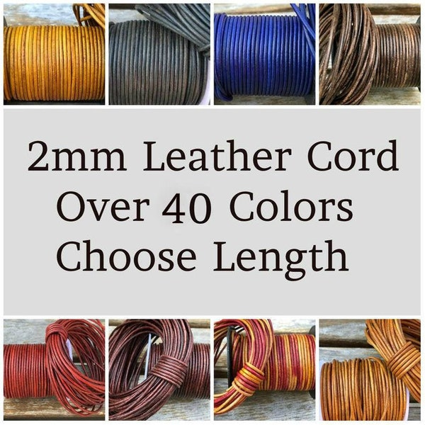 2mm Leather Cord - Lead Free Round Natural Regular Metallic Distressed Leather by the Yard - Pick Color and Length - 2mm Round Leather Cord