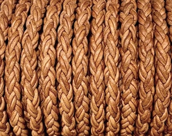 5mm Round Braided Leather Cord - Vintage Tan - Natural Dye - 5mm Wide - 8 Strand Braided Cord - 8 Ply By The Foot Vintage Tan