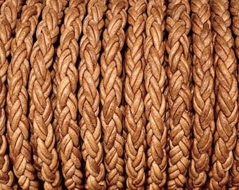 6mm Round Braided Leather Cord - Vintage Tan - Natural Dye - 6mm Wide - 8 Strand Braided Cord - 8 Ply By The Foot Vintage Tan