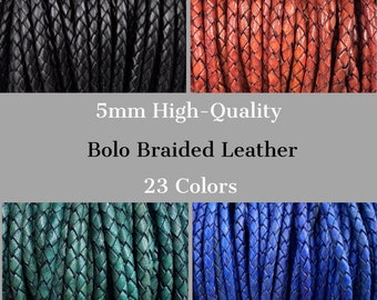 5mm Braided Leather Cord, 5mm Round Braided Leather - 22 Colors - 5mm Bolo Braided Leather Cord  By The Yard - LCBR - 5mm