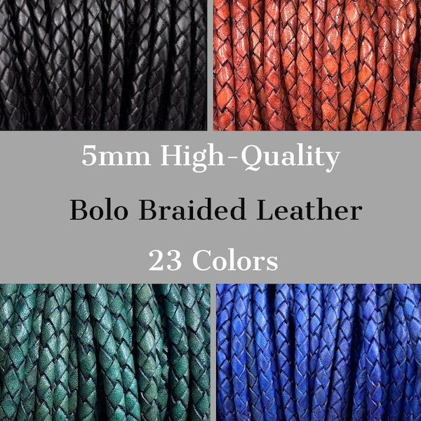 5mm Braided Leather Cord, 5mm Round Braided Leather - 22 Colors - 5mm Bolo Braided Leather Cord  By The Yard - LCBR - 5mm