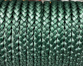 Flat Braided Leather Cord By The Yard 5mm, Flat Braided Metallic Turquoise