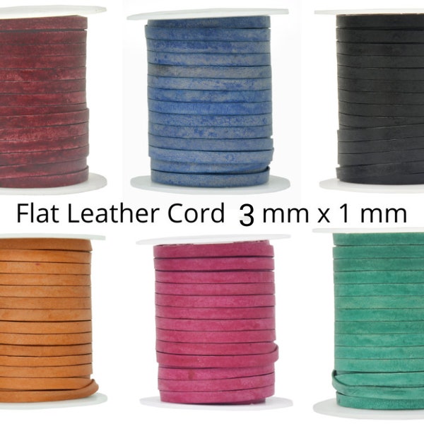 Flat Leather Cord 3.0 MM X 1.0 MM, 3mm Premium Genuine Flat Leather Cord, 3mm x 1mm Flat 25 Meter Spools