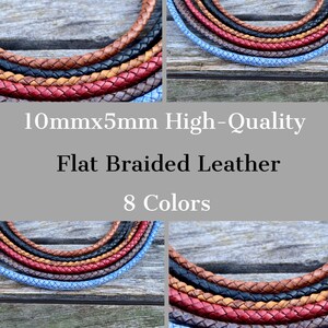 May include: Eight different colors of 10mm x 5mm flat braided leather cord. The cords are arranged in a circle on a wooden surface.