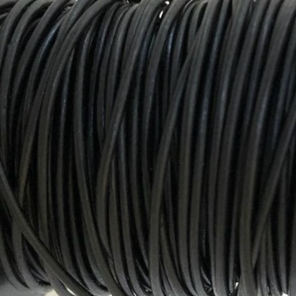 2mm Natural Black Round Leather Cord Choose 1 yard to 25 Yards Premium European Leather LCR2 - 2 Natural Black #102P