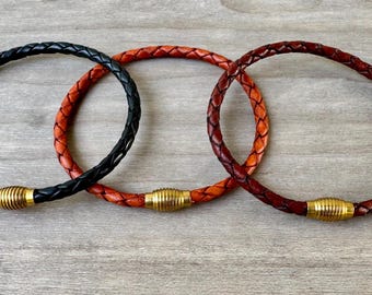 Thin Braided Men's Leather Bracelet With Gold Color Brass Clasp, Unisex Bracelet Available In Three Colors CS-19 Gold