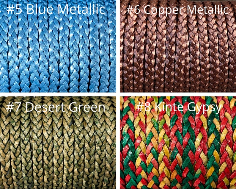 K&ouml;nnte beinhalten: Nahaufnahme von vier geflochtenen Kordeln in verschiedenen Farben. Die Kordeln sind mit den folgenden Farben beschriftet: Blau Metallic, Kupfer Metallic, W&uuml;stengr&uuml;n und Kinte Gypsy. Die Kordeln sind eng gewebt und zeigen ihre Textur und Farbvariationen.