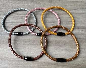 Metallic Braided Leather Bracelet With Black Stainless Steel Clasp, Unisex Bracelet Available In Five Colors CS-107