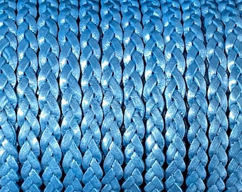 Flat Braided Leather Cord By The Yard 5mm, Blue Metallic