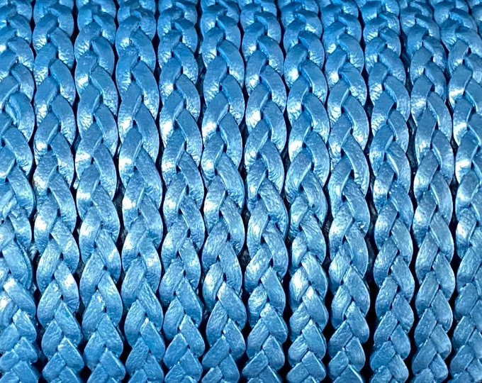 Flat Braided Leather Cord By The Yard 5mm, Blue Metallic