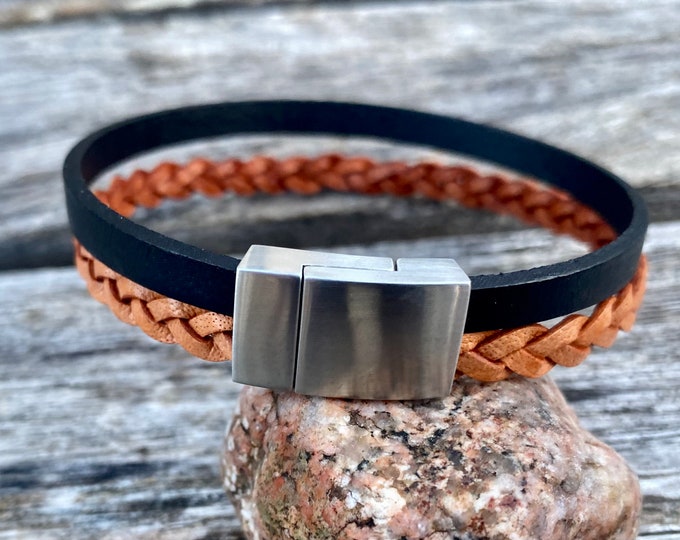 Mens Double Strand Leather Bracelet With Stainless Steel Magnetic Clasp, Mens Bracelet, Braided Bolo Leather Bracelet, Flat Leather Bracelet