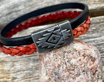 Double Strand Leather Bracelet With Southwest Pewter Clasp, Womans Leather Bracelet,  CS-9