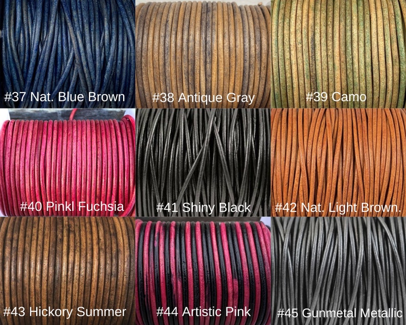 May include: Close-up of ten spools of leather cord in various colors, including natural blue brown, antique gray, camo, pink fuchsia, shiny black, natural light brown, hickory summer, artistic pink, and gunmetal metallic. Each spool is labeled with a number.