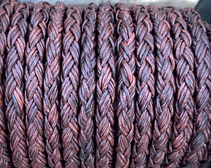 5mm Natural Antique Brown Braided Bolo Leather Cord - By The Foot - 12 Strand Braided Cord LCBR5 12 Ply Antique Brown