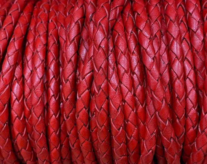 4mm Braided Leather - Red - Bolo Braided Leather Cord  By The Yard - 4mm Red Braided Leather - LCBR - 4  Red #14