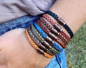 Boho bracelet, braided leather bracelet, FREE SHIPPING, braided leather bracelet in 12 colors, 5mm Flat Braided Bracelet, CS-19 Copper