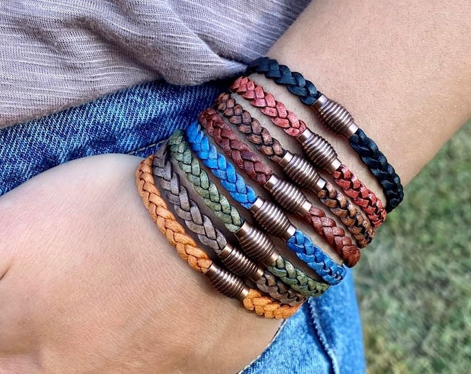 Boho bracelet, braided leather bracelet, FREE SHIPPING, braided leather bracelet in 12 colors, 5mm Flat Braided Bracelet, CS-19 Copper