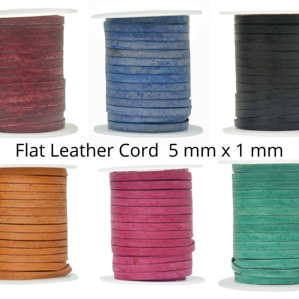Flat Leather Cord 5mm, 5mm Premium Genuine Flat Leather Cord, 5mm x 1 mm Flat By The Yard, Flat Leather 21 Colors