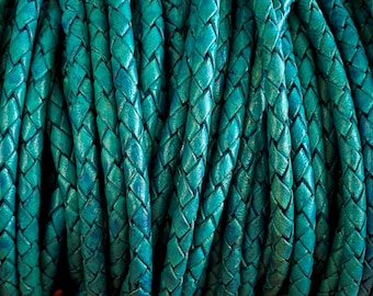 4mm Turquoise Natural Bolo Braided Leather Cord By The Yard Made In India LCBR- 4  Turquoise Natural #28