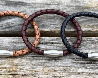 Unisex Leather Bracelet With Stainless Steel Magnetic Clasp, Mens Bracelet, Braided Bolo Leather, Gifts under 20 CS-73