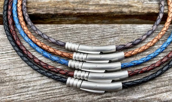 3mm Braided Leather Necklace, Premium Leather Cord Necklace, Stainless Steel Clasp, Braided Leather Necklace, 32 Colors