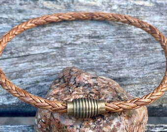 Thin Braided Men's Leather Bracelet With Brass Clasp, 8-ply European Leather CS-19