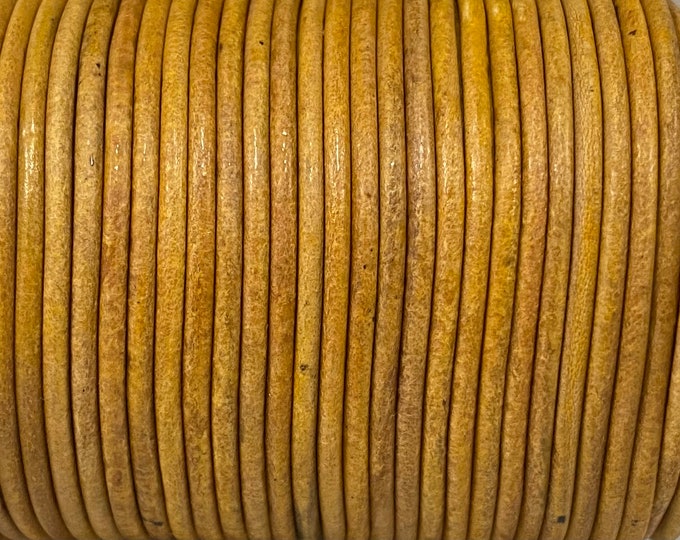 2mm Round Leather Cord - Mustard Distressed- 2mm Premium Round Leather Cord LCR2 - Mustard Distressed #104