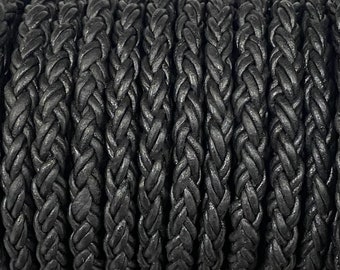6mm Round Braided Leather Cord - Black - 6mm Wide - 8 Strand Braided Cord - 8 Ply Black #17