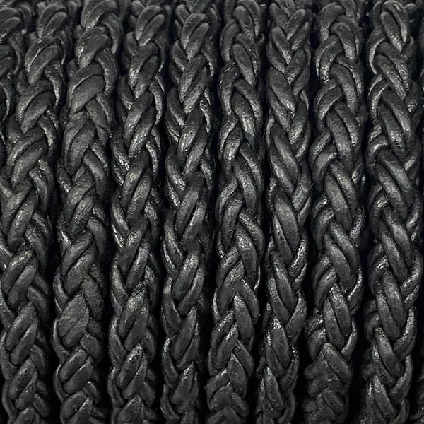 6mm Round Braided Leather Cord - Black - 6mm Wide - 8 Strand Braided Cord - 8 Ply Black #17