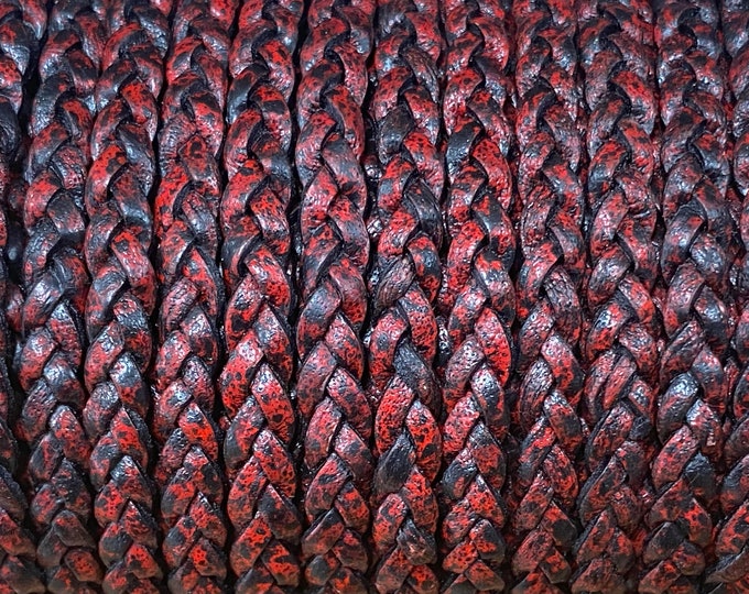 5mm Flat Braided Leather Cord By The Yard 4.5mm,  Autumn Red #13