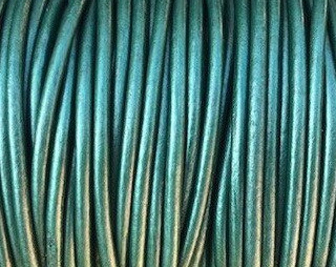 3mm Leather Cord Premium European Round Leather Cord - Metallic Ocean Green - 3mm Leather Cord By The Yard - LCR3 Metallic Ocean Green #55